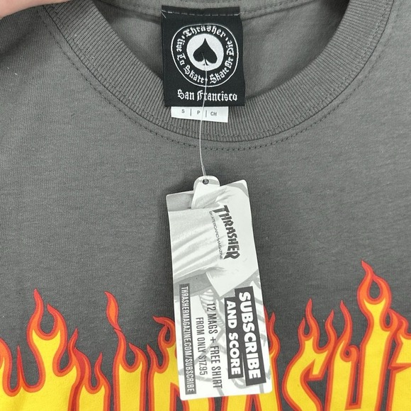 Thrasher Magazine T-Shirt Mens S Gray Flames Skateboarding Casual Crew Neck NEW - Picture 3 of 4